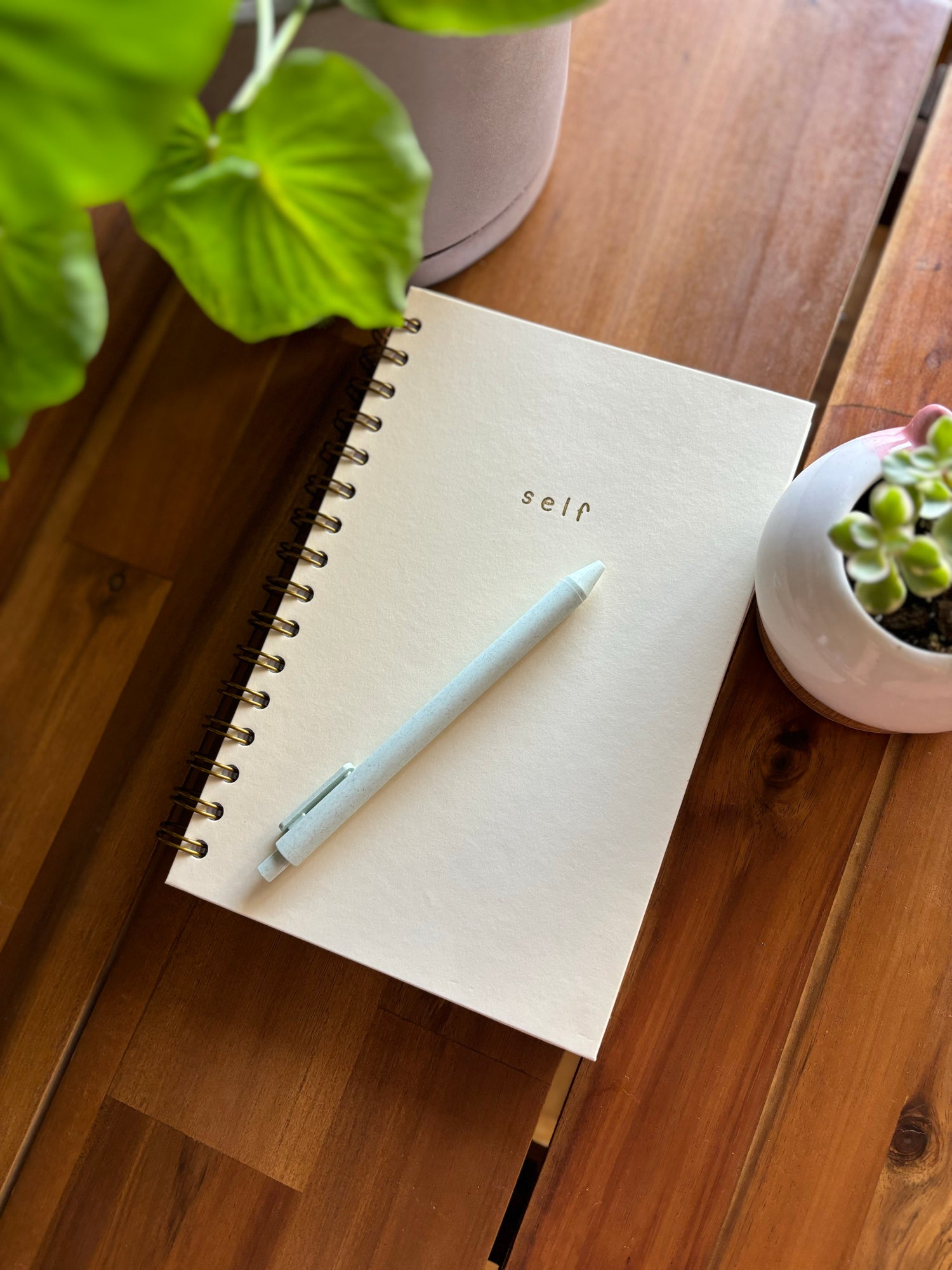 aesthetic, yellowish-cream colored notebook with gold spiral rings titled 'self', designed to be a self-love journal